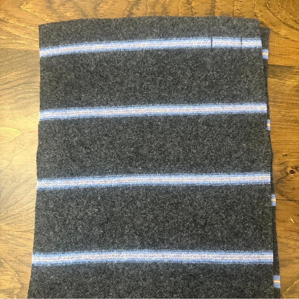 Drake’s Ben Silver Scarf Hat Glove Set Lambs Wool Dark Gray Blue Stripe
